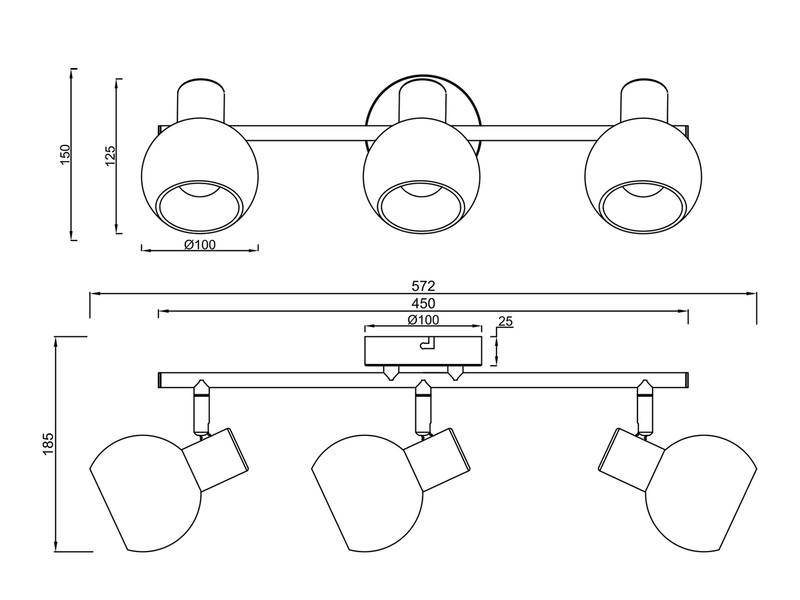 Deckenstrahler BOBA 3-flammig aus Metall in Beige mit Glasschirmen, Breite 45cm