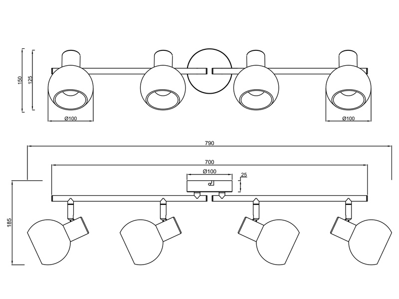 Deckenstrahler BOBA 4-flammig aus Metall in Beige mit Glasschirmen, Breite 70cm