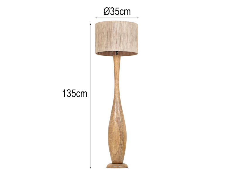 LED Stehleuchte aus Naturholz mit Lampenschirm aus Jute, Höhe 135cm