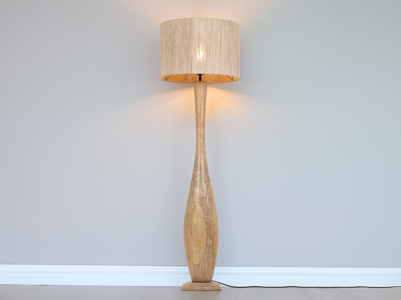 LED Stehleuchte aus Naturholz mit Lampenschirm aus Jute, Höhe 135cm