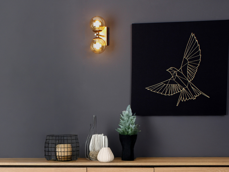 Wandleuchte HONEY 2-flammig Gold mit Glaskugeln in Bernstein, Höhe 34cm