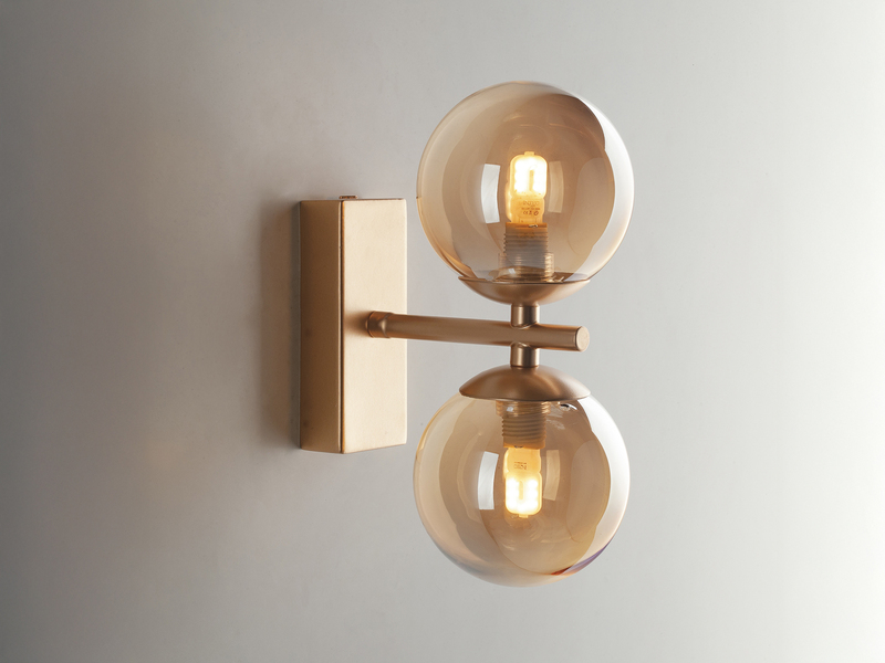 Wandleuchte HONEY 2-flammig Gold mit Glaskugeln in Bernstein, Höhe 34cm