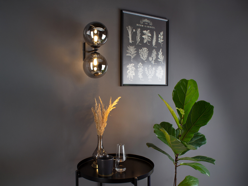 Wandleuchte HONEY 2-flammig Schwarz - Glaskugeln Rauchglas, Höhe 34cm