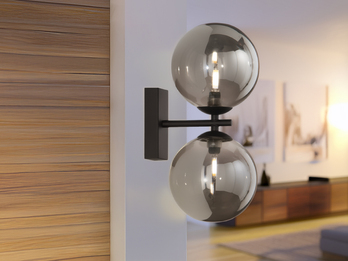 Wandleuchte HONEY mit Schalter, Schwarz - Glaskugeln Rauchglas, Höhe 34cm