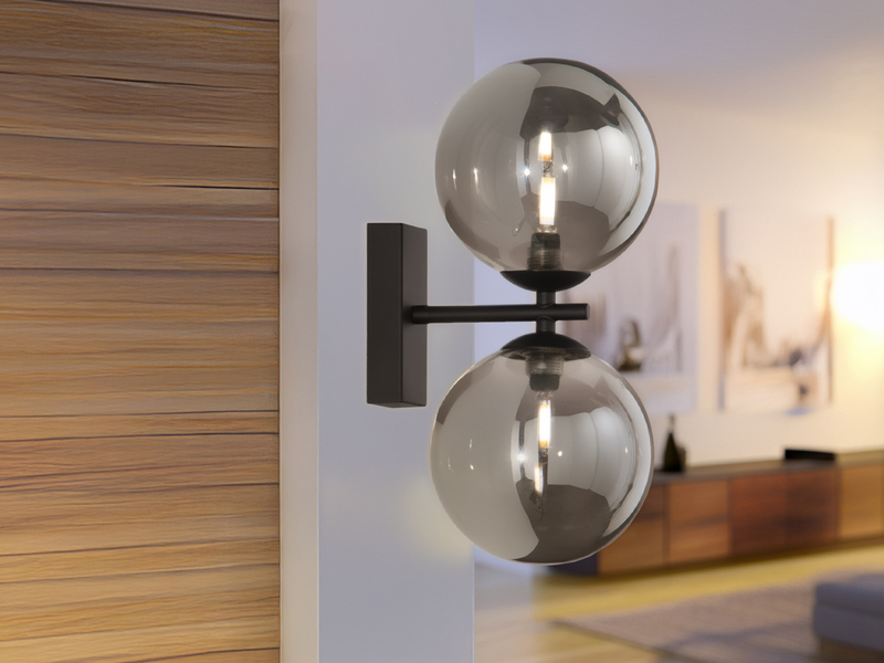 Wandleuchte HONEY 2-flammig Schwarz - Glaskugeln Rauchglas, Höhe 34cm