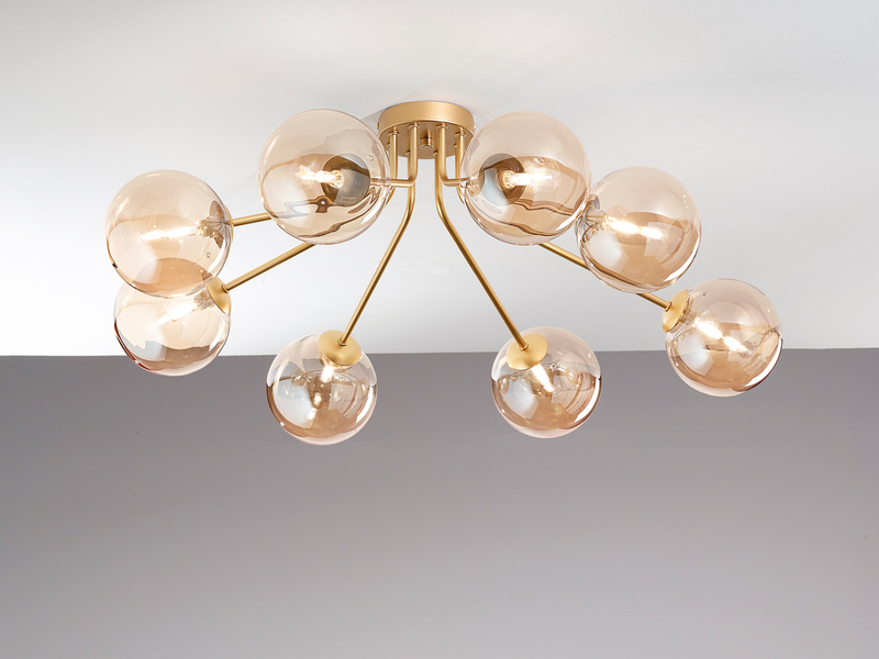 Deckenleuchte HONEY Gold mit 8 Glaskugeln Bernsteinfarbig, Breite 88cm
