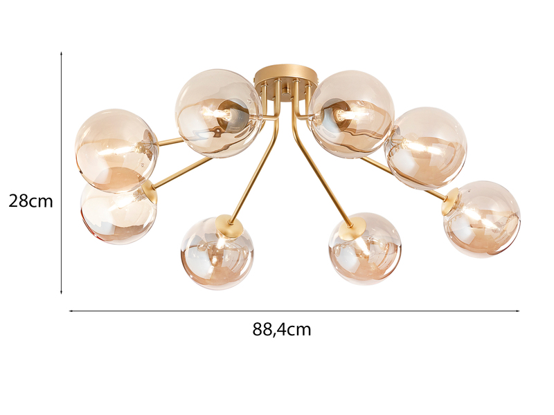 Deckenleuchte HONEY Gold mit 8 Glaskugeln Bernsteinfarbig, Breite 88cm