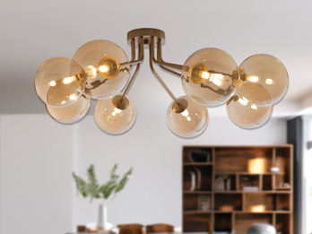 Deckenleuchte HONEY Gold mit 8 Glaskugeln Bernsteinfarbig, Breite 88cm