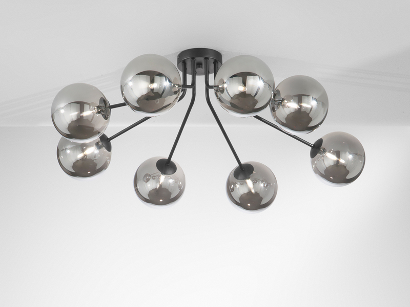 Deckenleuchte HONEY Schwarz mit 8 Glaskugeln Rauchglas, Breite 88cm