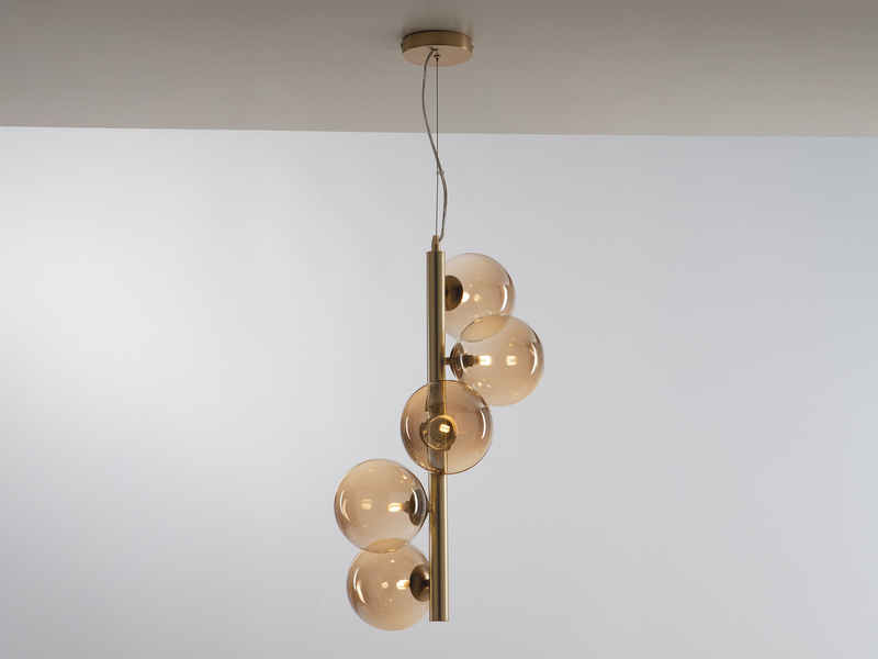 Pendelleuchte HONEY 5-flammig Gold-Glaskugeln Bernsteinfarbig, Höhe 183cm