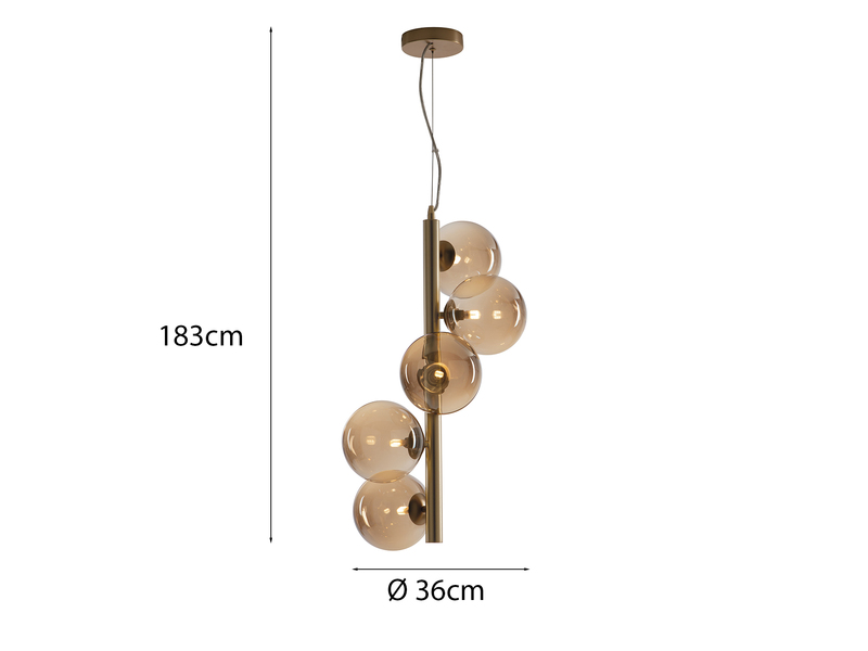 Pendelleuchte HONEY 5-flammig Gold-Glaskugeln Bernsteinfarbig, Höhe 183cm