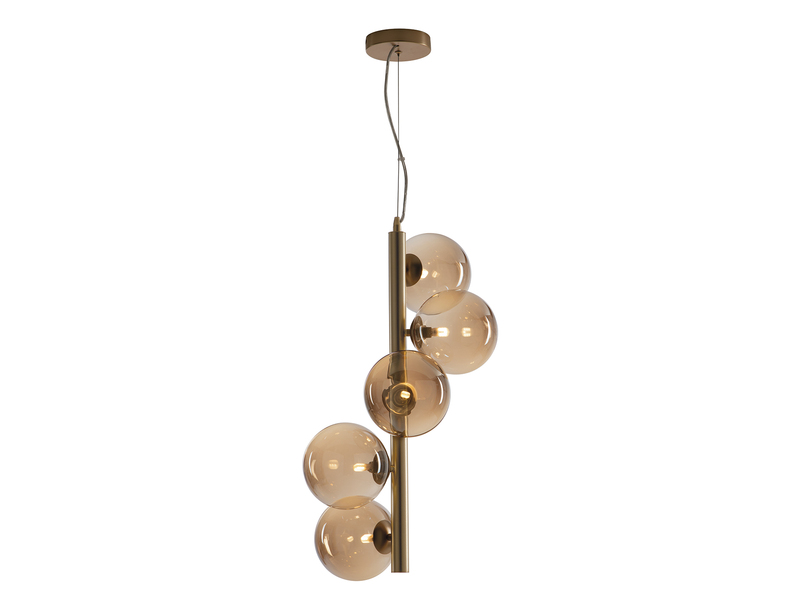 Pendelleuchte HONEY 5-flammig Gold-Glaskugeln Bernsteinfarbig, Höhe 183cm