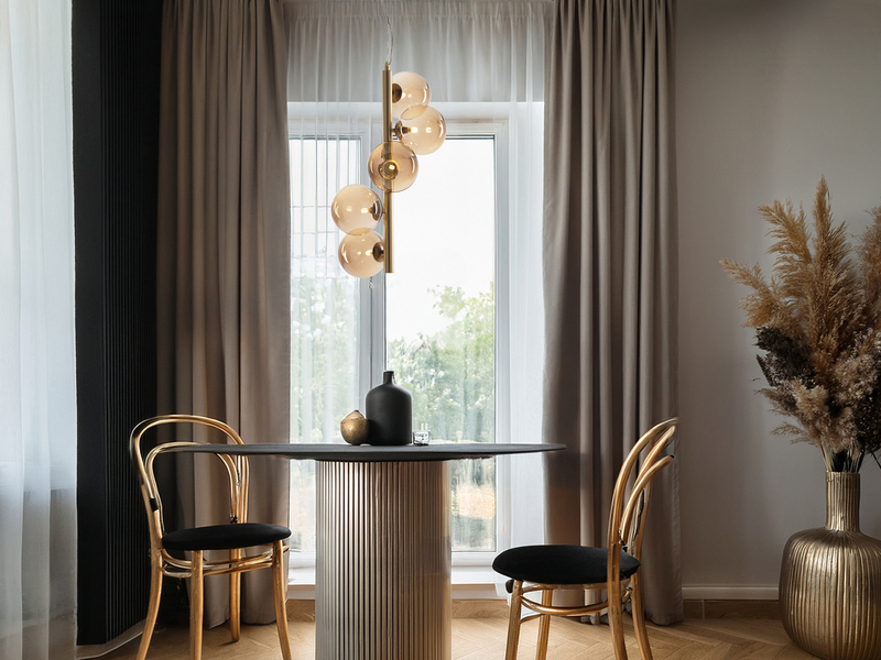 Pendelleuchte HONEY 5-flammig Gold-Glaskugeln Bernsteinfarbig, Höhe 183cm