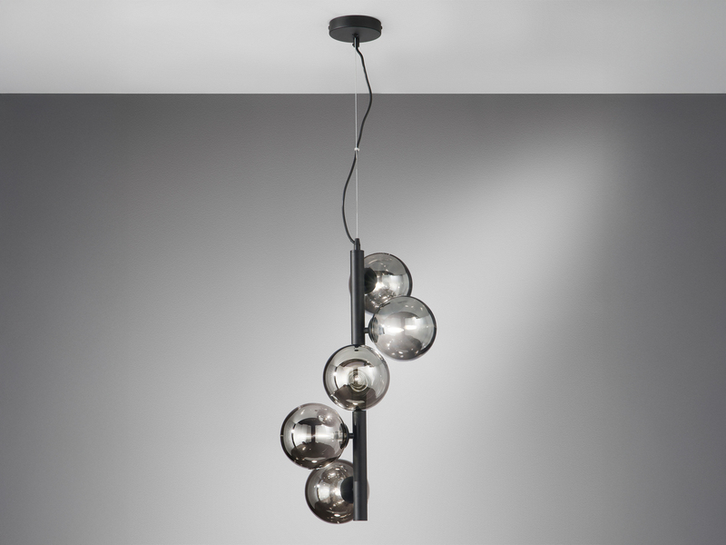 Pendelleuchte HONEY 5-flammig Schwarz-Glaskugeln Rauchglas, Höhe 183cm