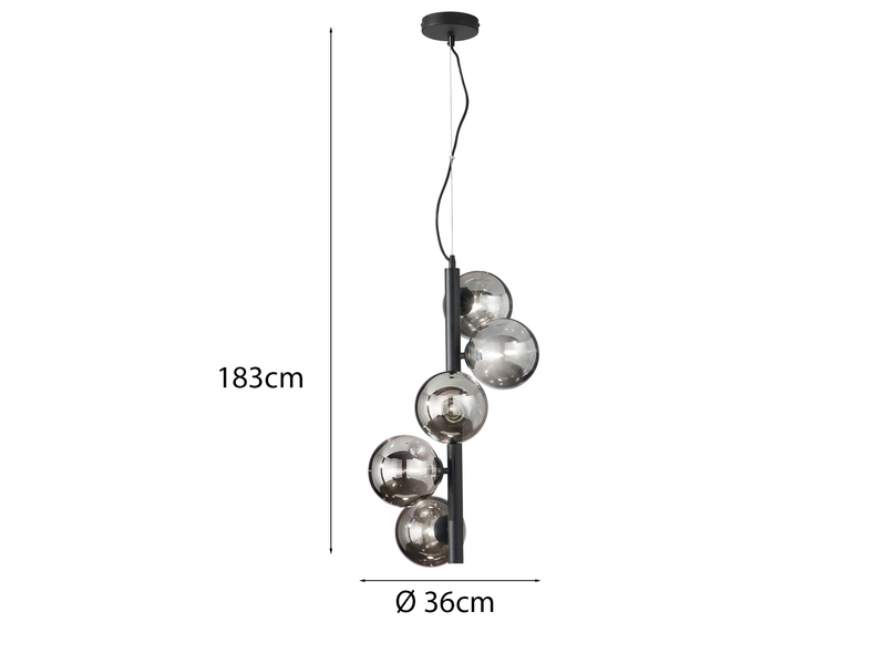 Pendelleuchte HONEY 5-flammig Schwarz-Glaskugeln Rauchglas, Höhe 183cm