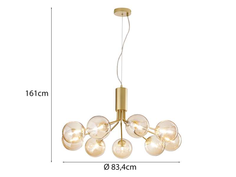 Große Pendelleuchte HONEY 9-flammig Gold-Glaskugeln Bernsteinfarbig, Ø 83cm