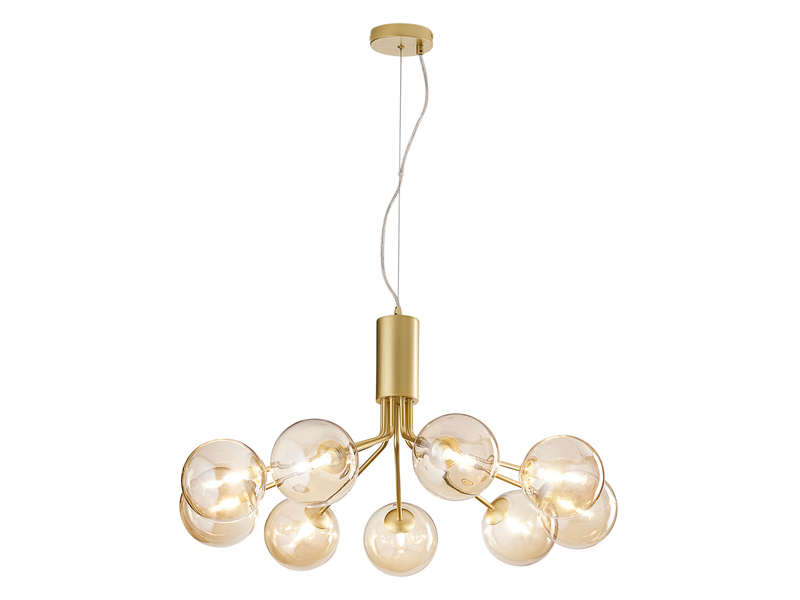 Große Pendelleuchte HONEY 9-flammig Gold-Glaskugeln Bernsteinfarbig, Ø 83cm