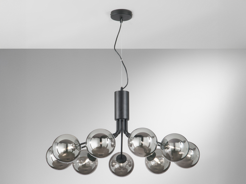 Pendelleuchte HONEY 9-flammig Schwarz mit Glaskugeln Rauchglas, Ø 83cm