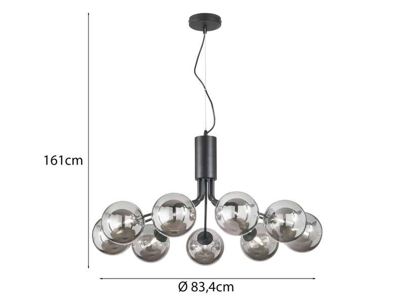 Pendelleuchte HONEY 9-flammig Schwarz mit Glaskugeln Rauchglas, Ø 83cm