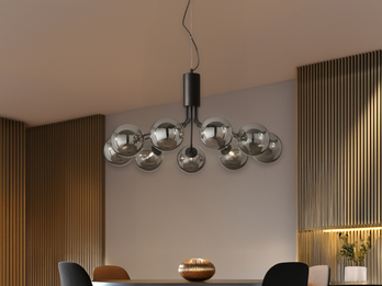 Pendelleuchte HONEY 9-flammig Schwarz mit Glaskugeln Rauchglas, Ø 83cm