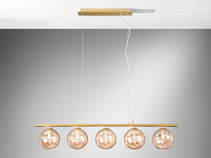 Pendelleuchte HONEY 5-flammig Gold-Glaskugeln Bernstein, Breite 100cm