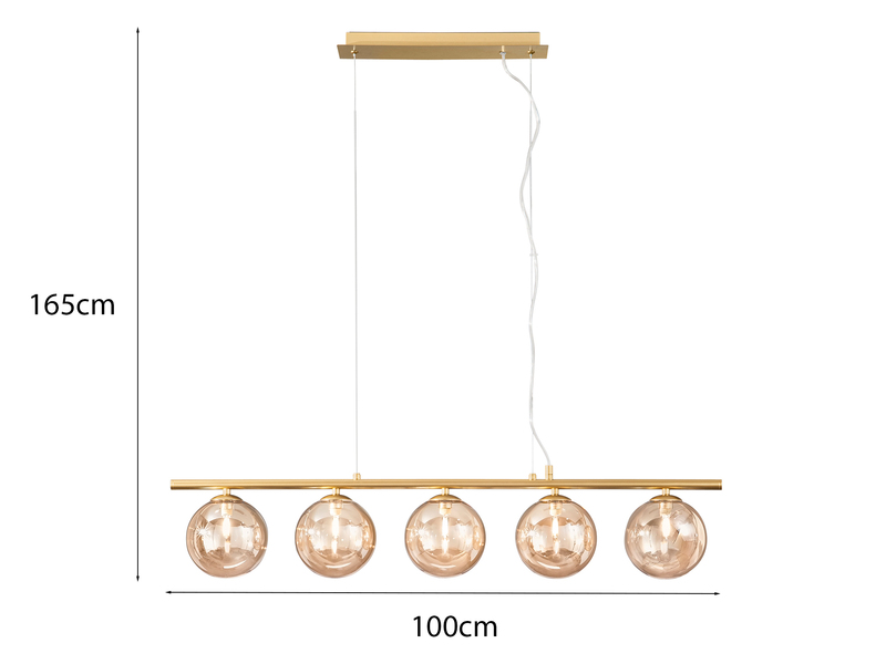 Pendelleuchte HONEY 5-flammig Gold-Glaskugeln Bernstein, Breite 100cm