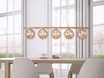 Pendelleuchte HONEY 5-flammig Gold-Glaskugeln Bernstein, Breite 100cm
