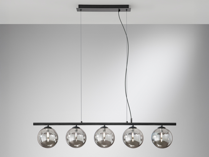 Pendelleuchte HONEY 5-flammig Schwarz-Glaskugeln Rauchglas, Breite 100cm