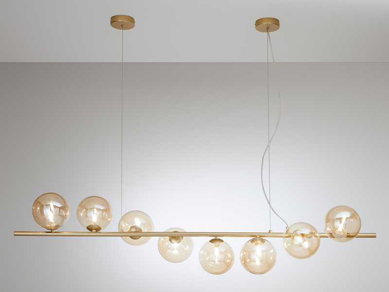 Große Pendelleuchte HONEY 8-flammig Gold-Glaskugeln Bernstein, Breite 145cm