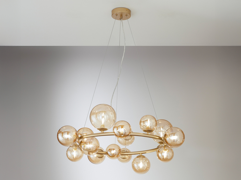 Pendelleuchte HONEY 16-flammig Gold-Glaskugeln Bernsteinfarbig, Ø 82cm