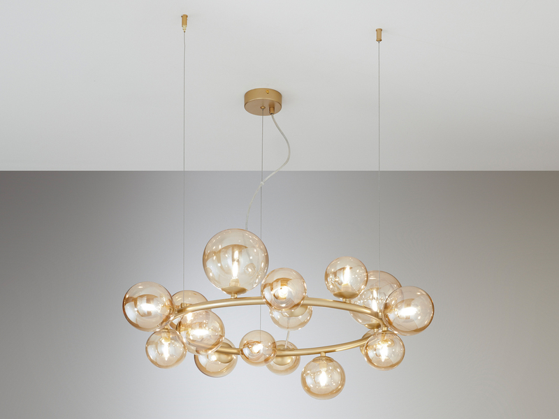 Pendelleuchte HONEY 16-flammig Gold-Glaskugeln Bernsteinfarbig, Ø 82cm