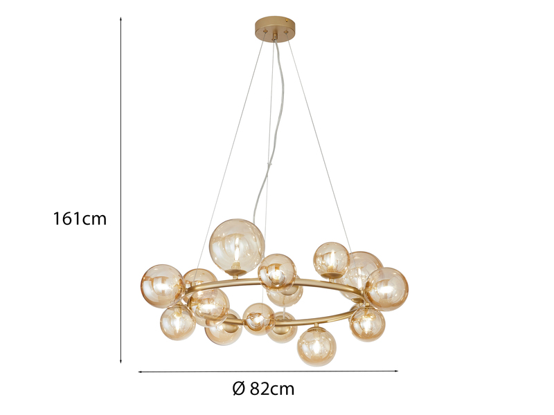 Pendelleuchte HONEY 16-flammig Gold-Glaskugeln Bernsteinfarbig, Ø 82cm