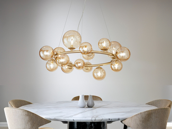 Pendelleuchte HONEY 16-flammig Gold-Glaskugeln Bernsteinfarbig, Ø 82cm