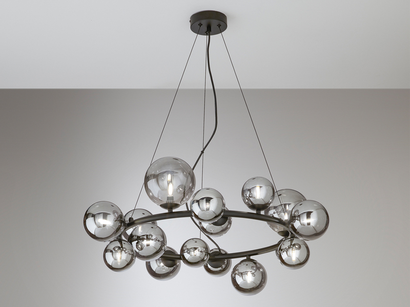 Pendelleuchte HONEY 16-flammig Schwarz-Glaskugeln Rauchglas, Ø 82cm