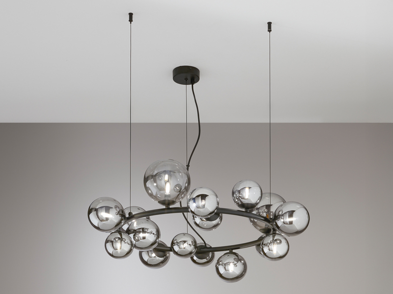 Pendelleuchte HONEY 16-flammig Schwarz-Glaskugeln Rauchglas, Ø 82cm
