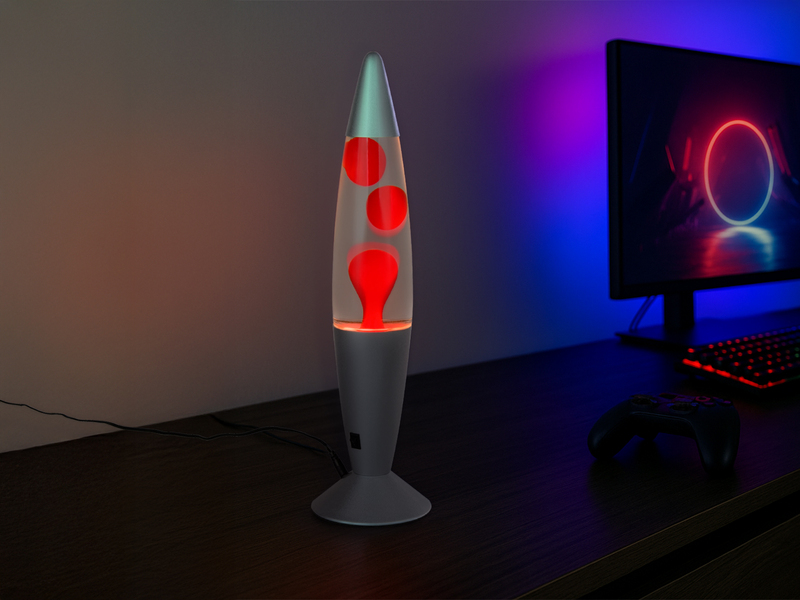 LED Raketen Lavalampe VESUV im 90er Jahre Design, Silber Rot, Höhe 41,5cm