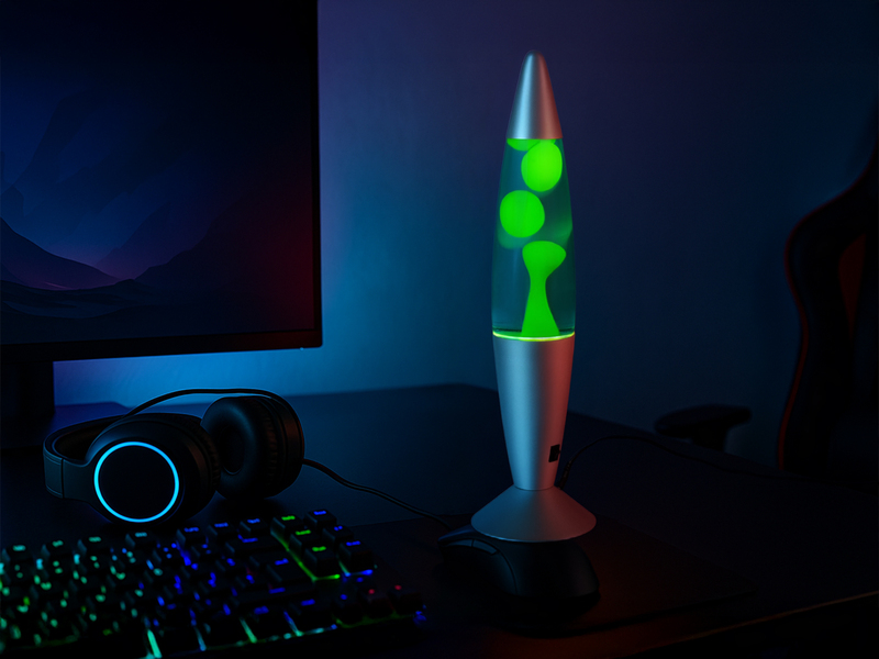 LED Raketen Lavalampe VESUV im 90er Jahre Design, Silber Grün Blau, Höhe 41,5cm