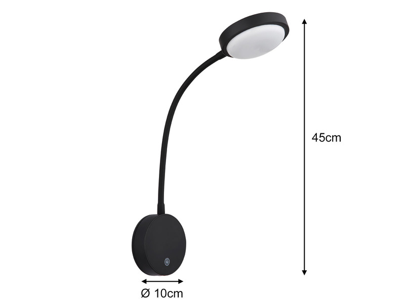Akku Wand Leselampe dimmbar, Schwarz mit Flexrohr, Höhe 45cm
