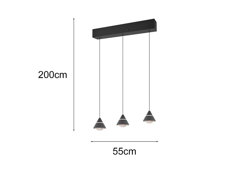 LED Pendelleuchte ROMEO höhenverstellbar, 3-flammig Schwarz, Breite 55cm