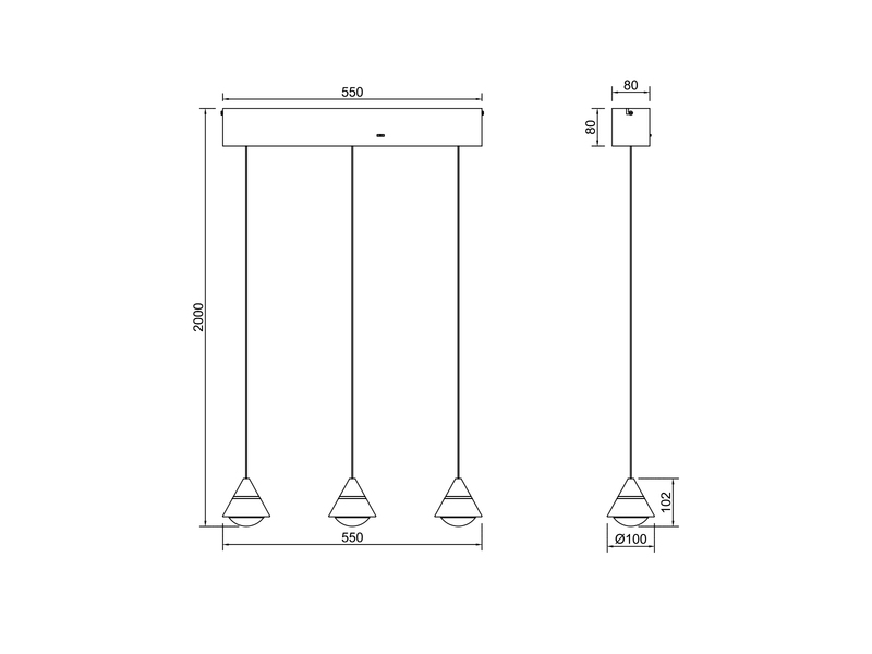 LED Pendelleuchte ROMEO höhenverstellbar, 3-flammig Schwarz, Breite 55cm