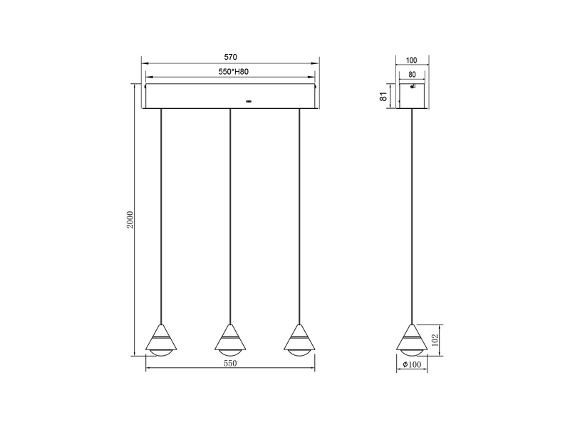 LED Pendelleuchte ROMEO höhenverstellbar, 3-flammig Silber, Breite 55cm