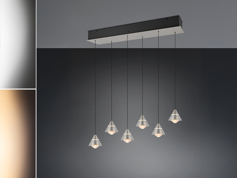 LED Pendelleuchte ROMEO höhenverstellbar, 6-flammig Silber, Breite 75cm