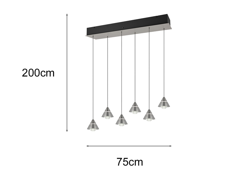 LED Pendelleuchte ROMEO höhenverstellbar, 6-flammig Silber, Breite 75cm