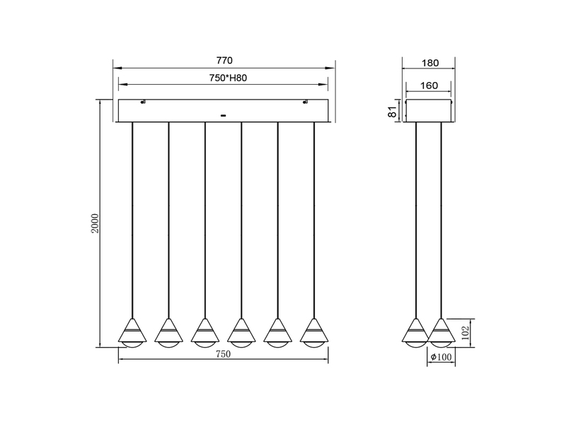 LED Pendelleuchte ROMEO höhenverstellbar, 6-flammig Silber, Breite 75cm