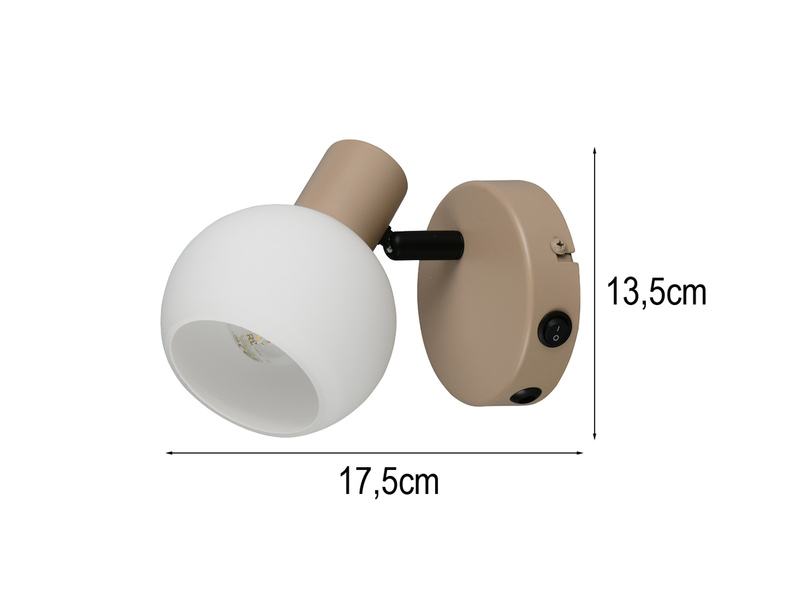 LED Wandstrahler mit Schalter aus Metall in Beige und Glasschirm, Höhe 13,5cm