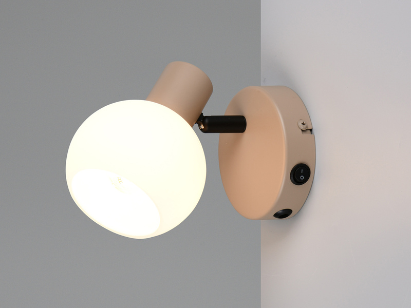 LED Wandstrahler mit Schalter aus Metall in Beige und Glasschirm, Höhe 13,5cm