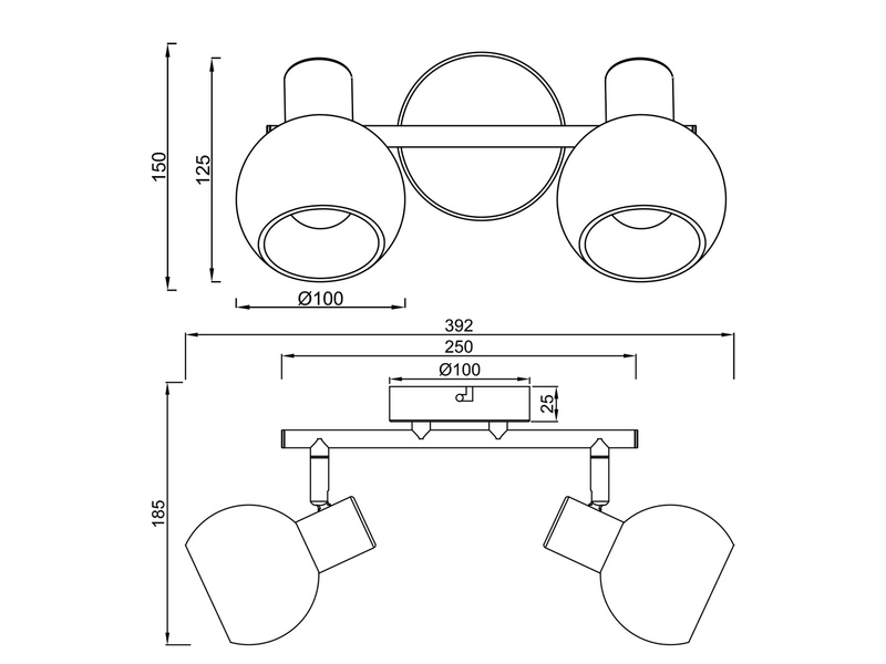 LED Deckenstrahler 2-flammig aus Metall in Beige mit Glasschirmen, Breite 25cm