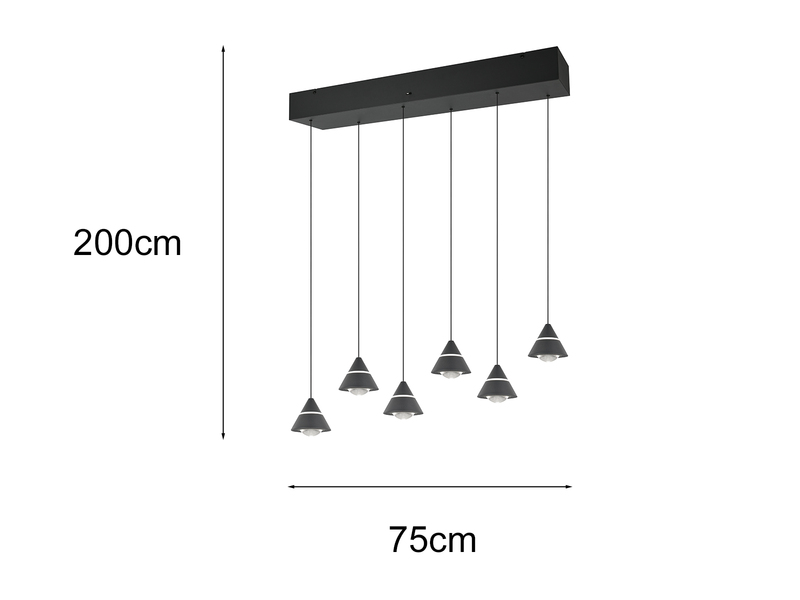 LED Pendelleuchte ROMEO höhenverstellbar, 6-flammig Schwarz, Breite 75cm