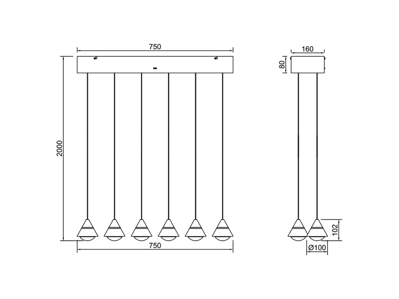 LED Pendelleuchte ROMEO höhenverstellbar, 6-flammig Schwarz, Breite 75cm