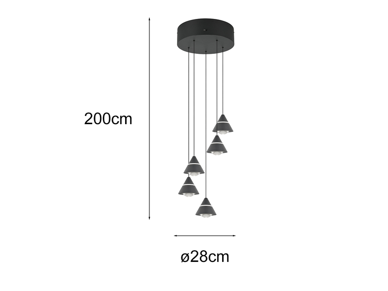 LED Cluster Pendelleuchte ROMEO höhenverstellbar, 5-flammig Schwarz Ø 28cm